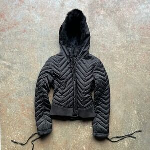 Bebe Black Chevron Quilted Down Puffer Jacket Real Rabbit Fur Hood Lace Up Small
